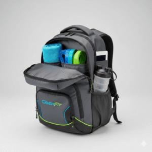 mochila ciber fit gris con colores azules y verdes